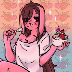 an anthropomorphic bunny girl with pink fur, long droopy ears, brown hair, and small red irises. she's wearing a loose white t-shirt and is eating a bowl of various flavors of ice cream. she's just enjoying the hell out of herself and we should all aspire to be like her.